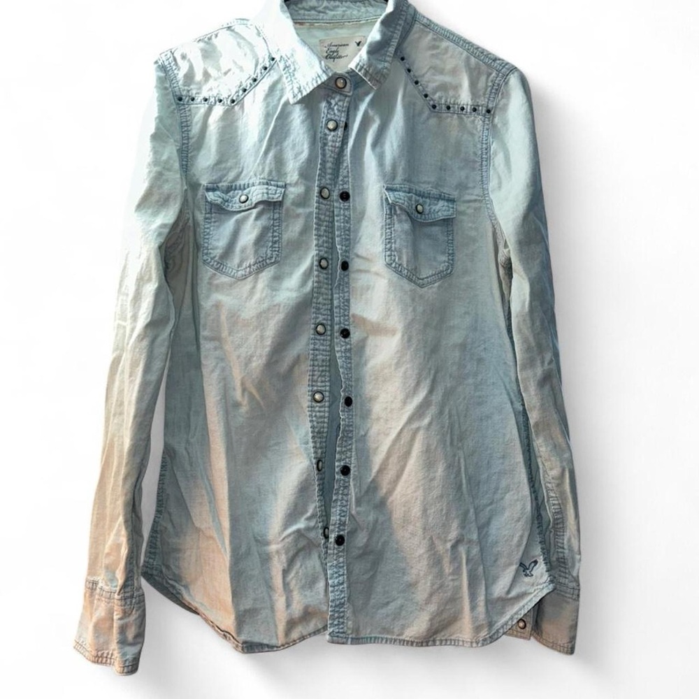 American Eagle Outfitters Pale Blue Stud-Accent Denim Shirt